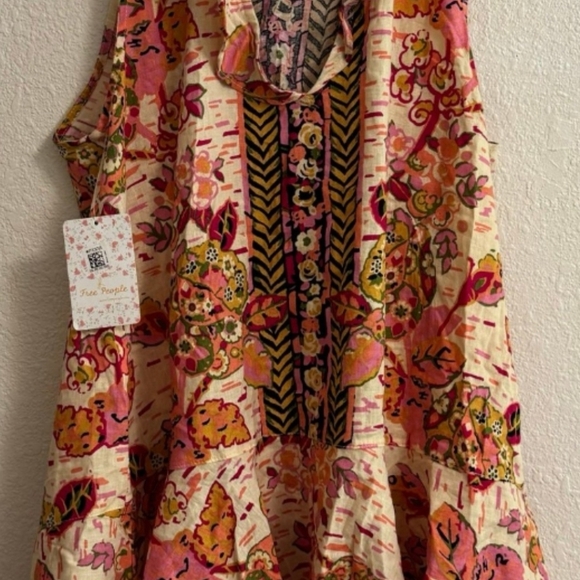 Free People Summer in Tulum Tunic Dress M Pink Combo Ruffle Tie Back - NWT - Picture 2 of 12